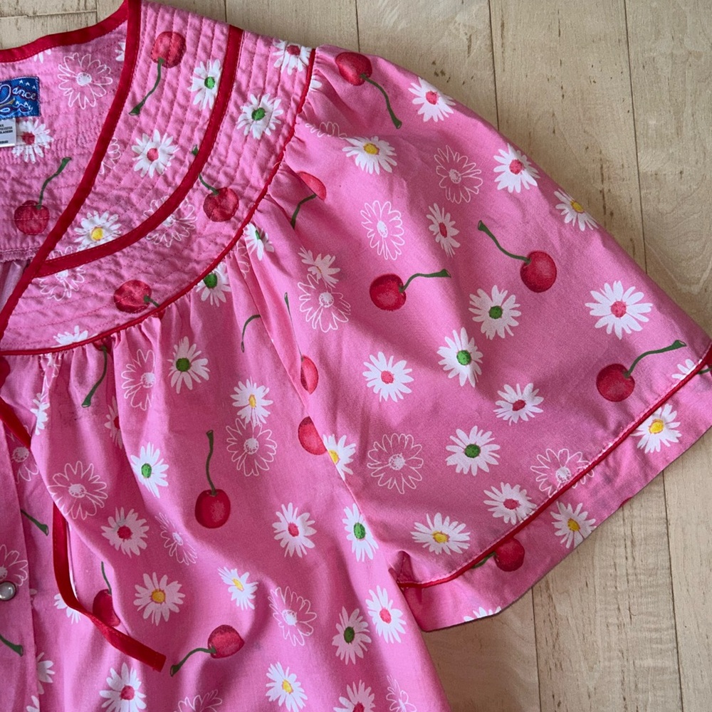 Vintage 80s Moondance Housecoat Nightgown Pink Cherry Print L/XL (labeled 3X) - Picture 13 of 15